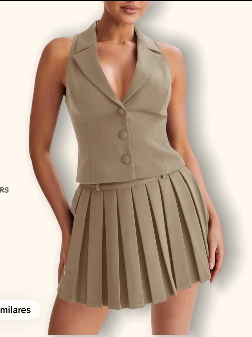 Beige Vest & Pleated Skirt Set – Size S/M